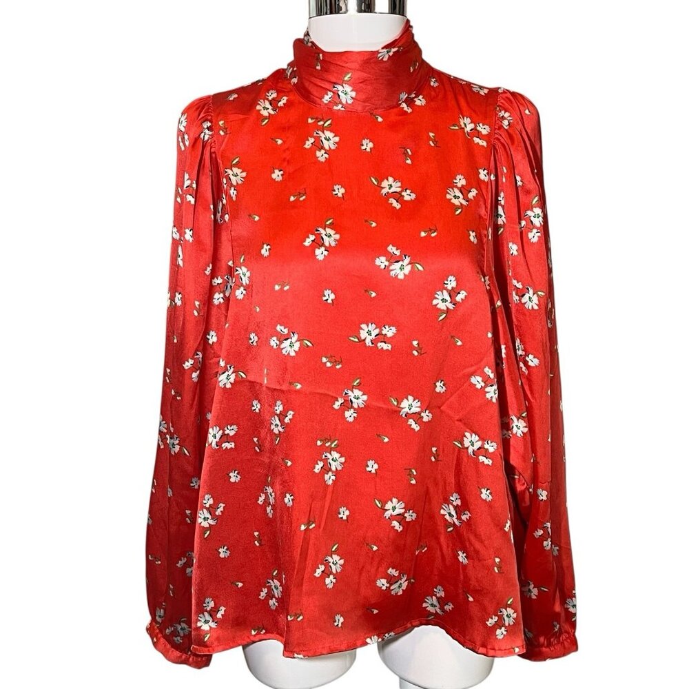 asos Women’s Top Size 2 Red Floral Blouse Long Sleeve Open Back Christmas - Picture 4 of 13
